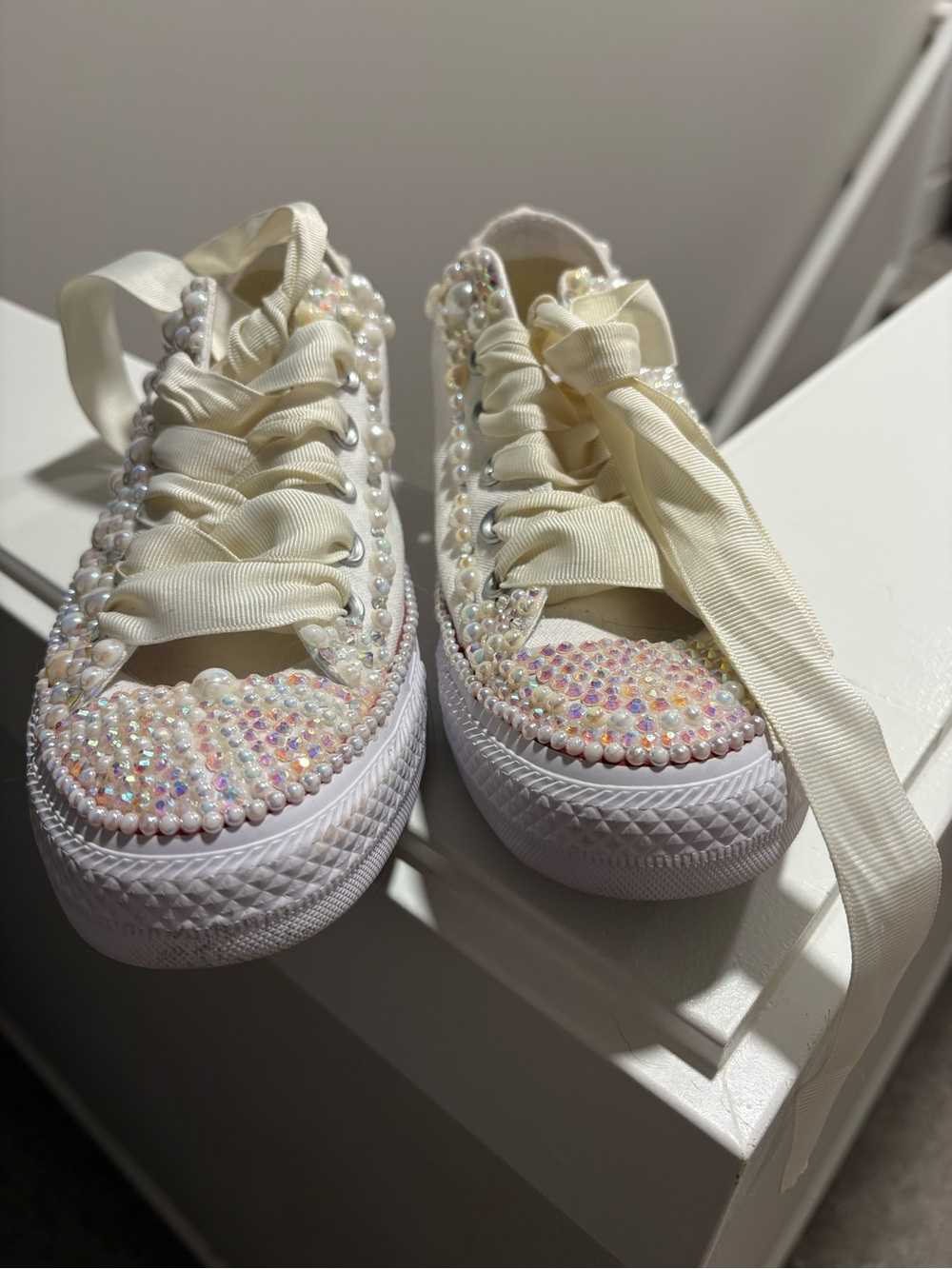 Bedazzled Converse White Canvas Sneaker with Blue Logo -